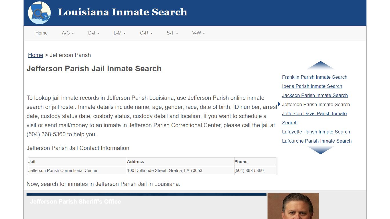 Jefferson Parish LA Jail Inmate Search