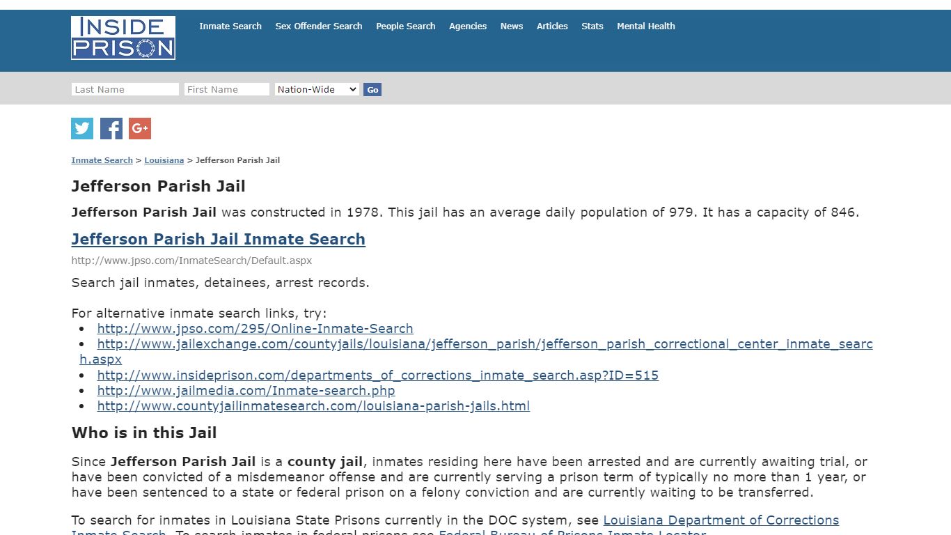 Jefferson Parish Jail - Louisiana - Inmate Search